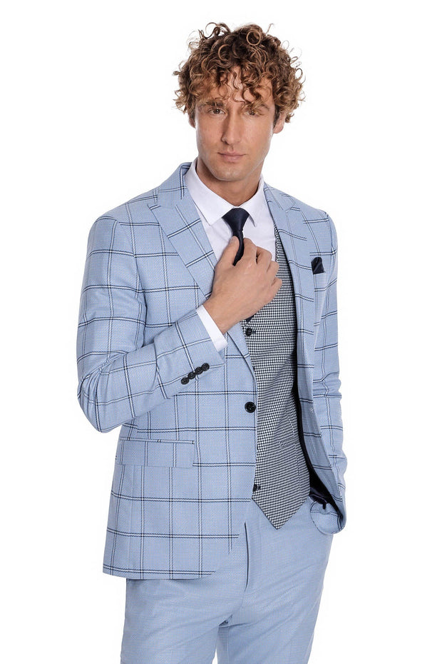 Checked Patterned Slim Fit Light Blue Men Suit - Wessi