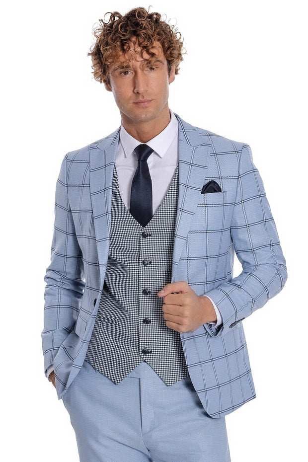 Checked Patterned Slim Fit Light Blue Men Suit - Wessi