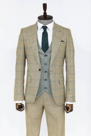 Checked Patterned Slim Fit Beige Men Suit - Wessi