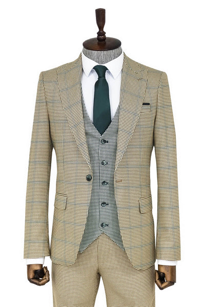 Checked Patterned Slim Fit Beige Men Suit - Wessi