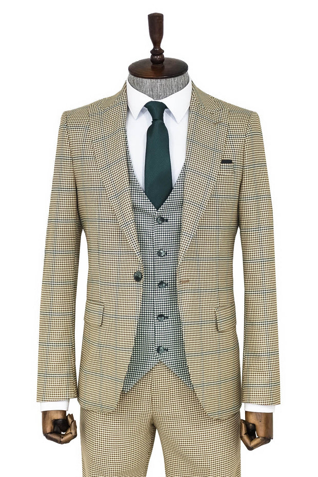 Checked Patterned Slim Fit Beige Men Suit - Wessi