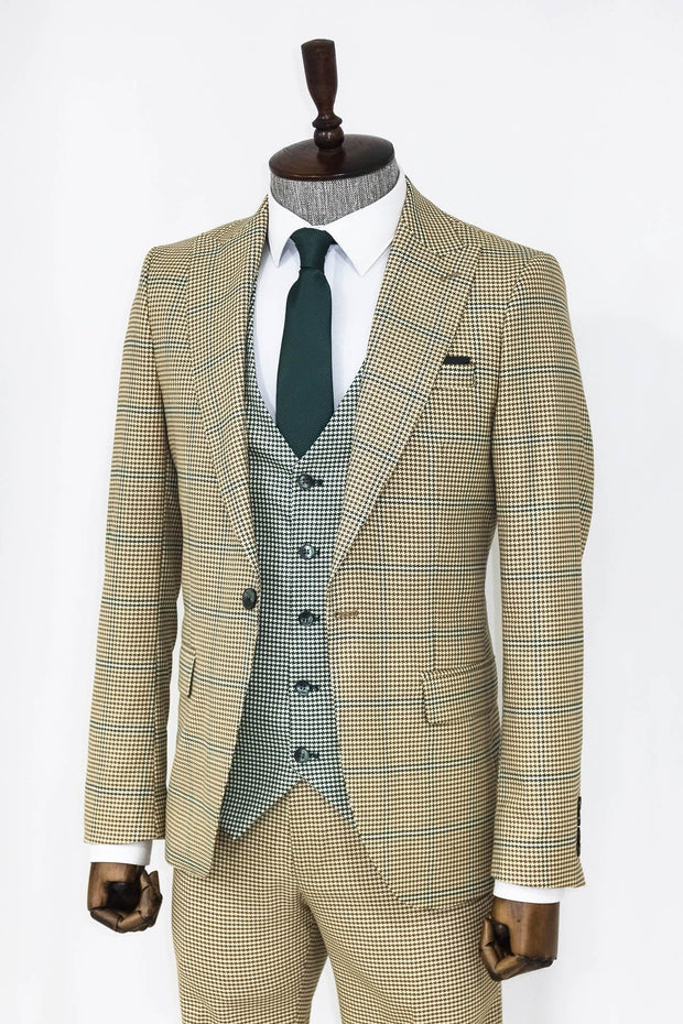 Checked Patterned Slim Fit Beige Men Suit - Wessi