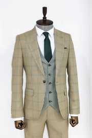 Checked Patterned Slim Fit Beige Men Suit - Wessi