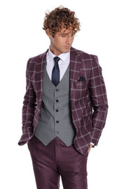 Checked Patterned Slim Fit Burgundy Men Suit - Wessi