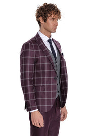 Checked Patterned Slim Fit Burgundy Men Suit - Wessi