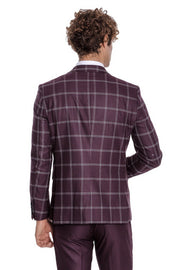 Checked Patterned Slim Fit Burgundy Men Suit - Wessi