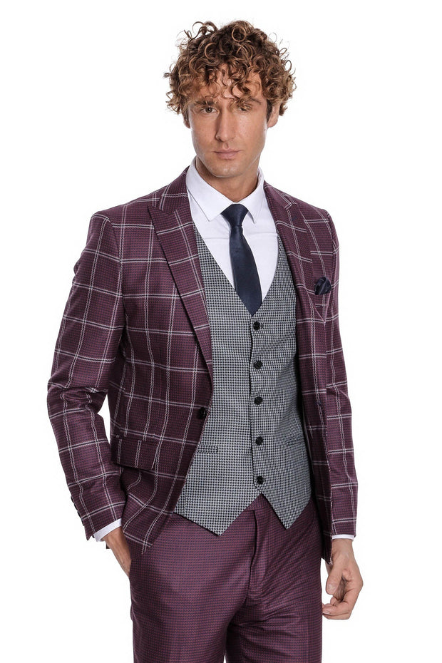 Checked Patterned Slim Fit Burgundy Men Suit - Wessi