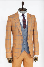 Checked Patterned Slim Fit Orange Men Suit - Wessi