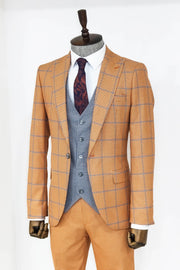 Checked Patterned Slim Fit Orange Men Suit - Wessi