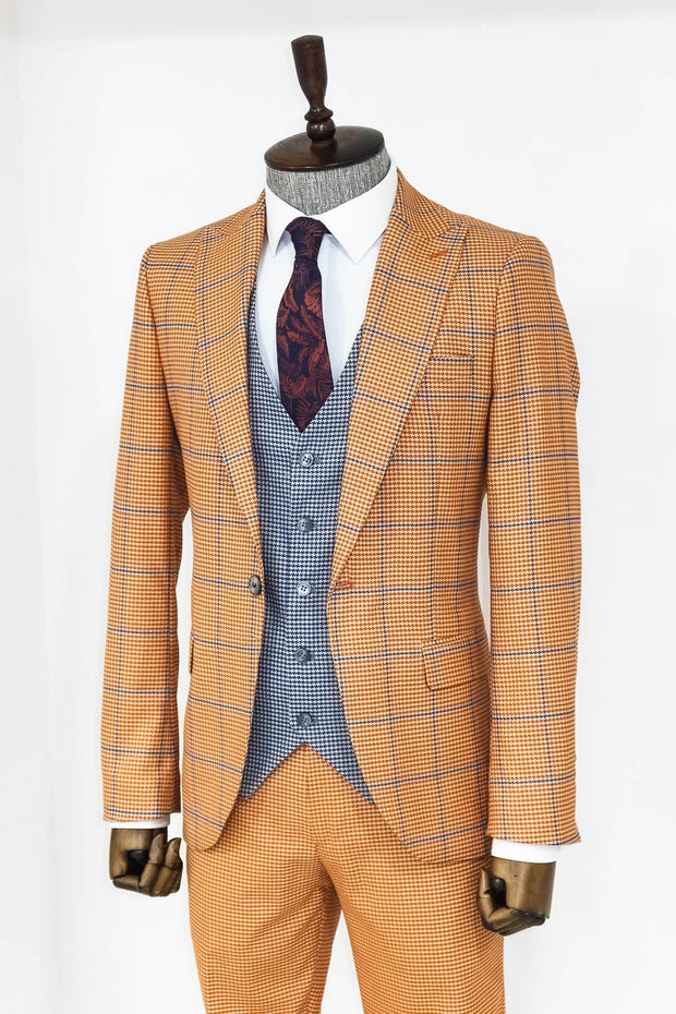 Checked Patterned Slim Fit Orange Men Suit - Wessi