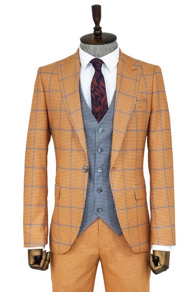 Checked Patterned Slim Fit Orange Men Suit - Wessi