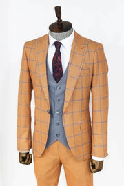 Checked Patterned Slim Fit Orange Men Suit - Wessi