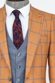 Checked Patterned Slim Fit Orange Men Suit - Wessi