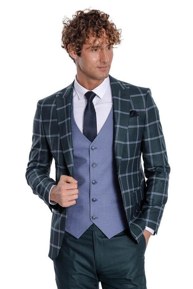 Checked Patterned Slim Fit Green Men Suit - Wessi