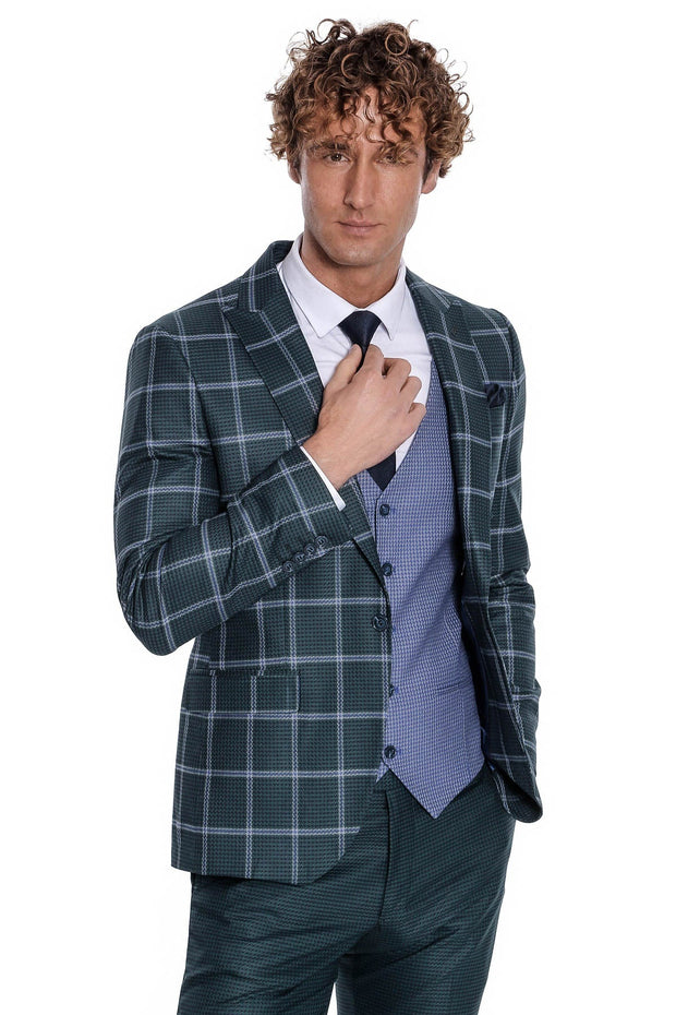 Checked Patterned Slim Fit Green Men Suit - Wessi