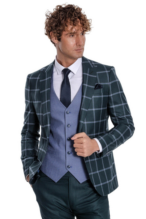 Checked Patterned Slim Fit Green Men Suit - Wessi