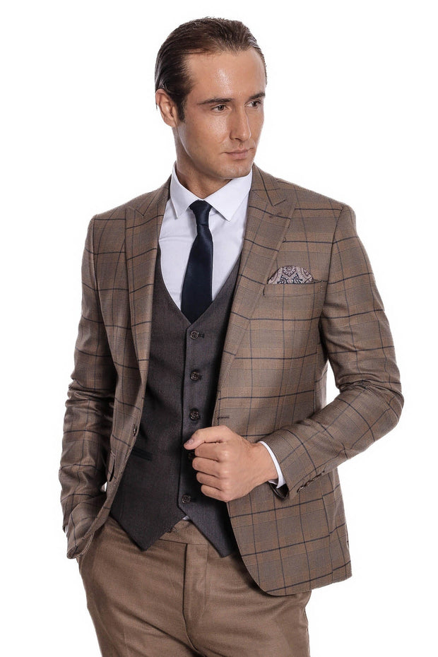 Slim Fit Checked Brown Men Suit - Wessi