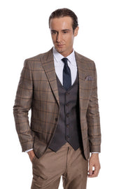 Slim Fit Checked Brown Men Suit - Wessi