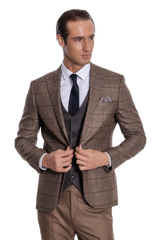 Slim Fit Checked Brown Men Suit - Wessi