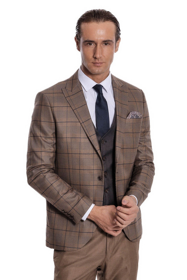 Slim Fit Checked Brown Men Suit - Wessi