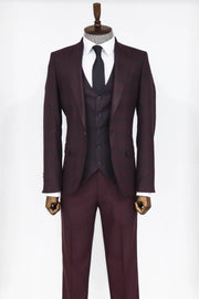 Slim Fit Checked Burgundy Men Suit - Wessi