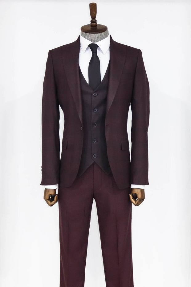 Slim Fit Checked Burgundy Men Suit - Wessi