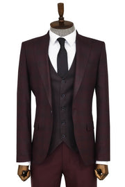 Slim Fit Checked Burgundy Men Suit - Wessi