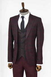 Slim Fit Checked Burgundy Men Suit - Wessi