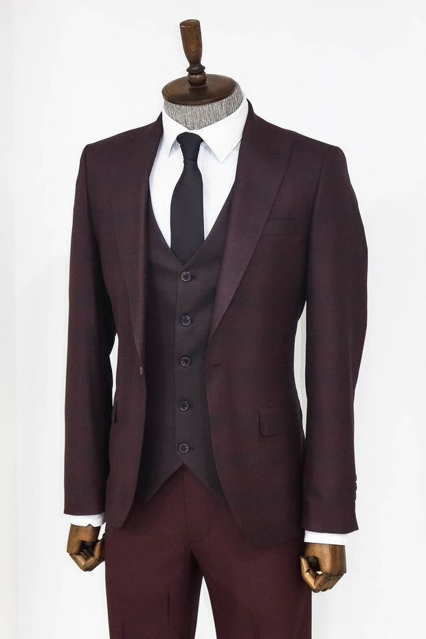 Slim Fit Checked Burgundy Men Suit - Wessi