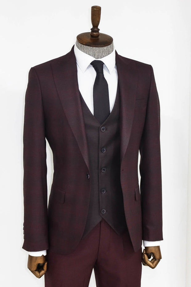 Slim Fit Checked Burgundy Men Suit - Wessi