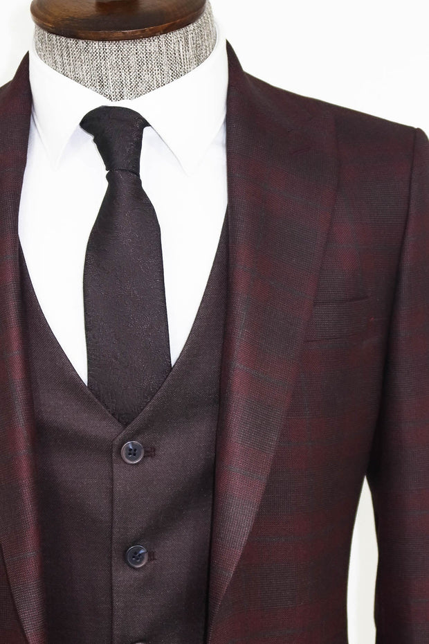 Slim Fit Checked Burgundy Men Suit - Wessi