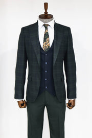 Slim Fit Checked Green Men Suit - Wessi