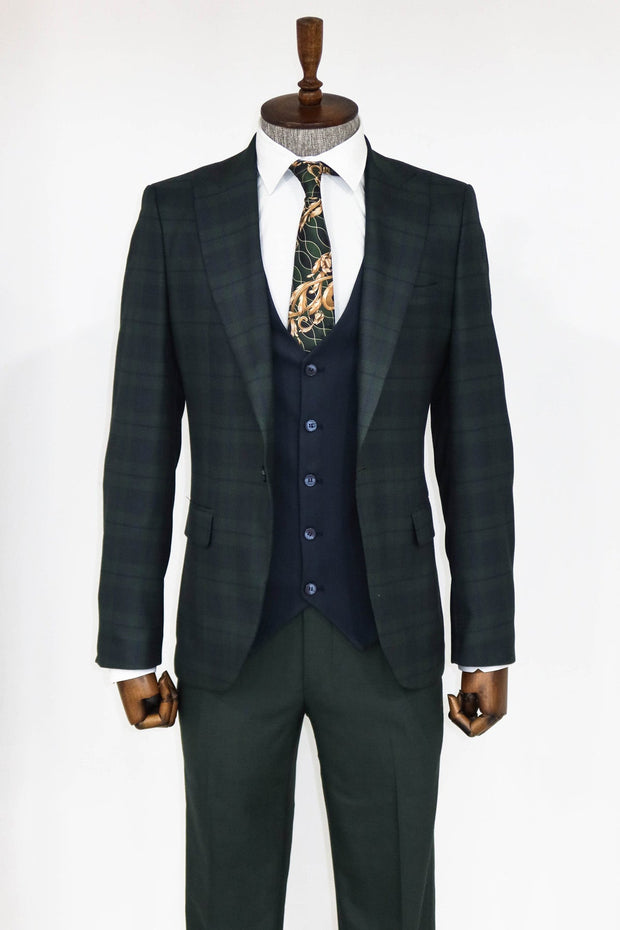 Slim Fit Checked Green Men Suit - Wessi