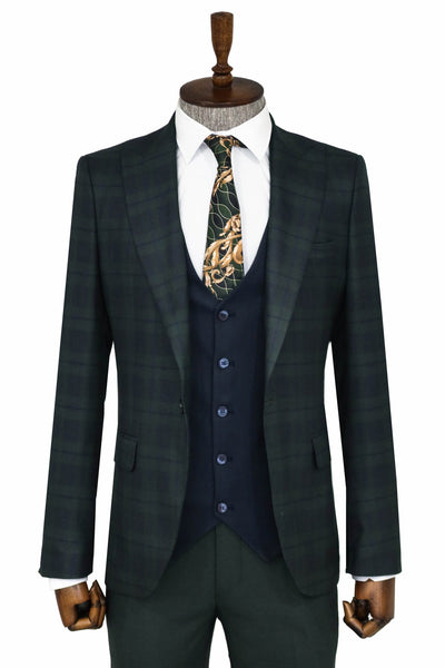 Slim Fit Checked Green Men Suit - Wessi