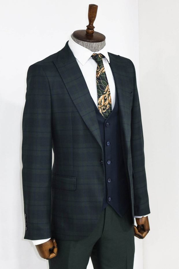 Slim Fit Checked Green Men Suit - Wessi