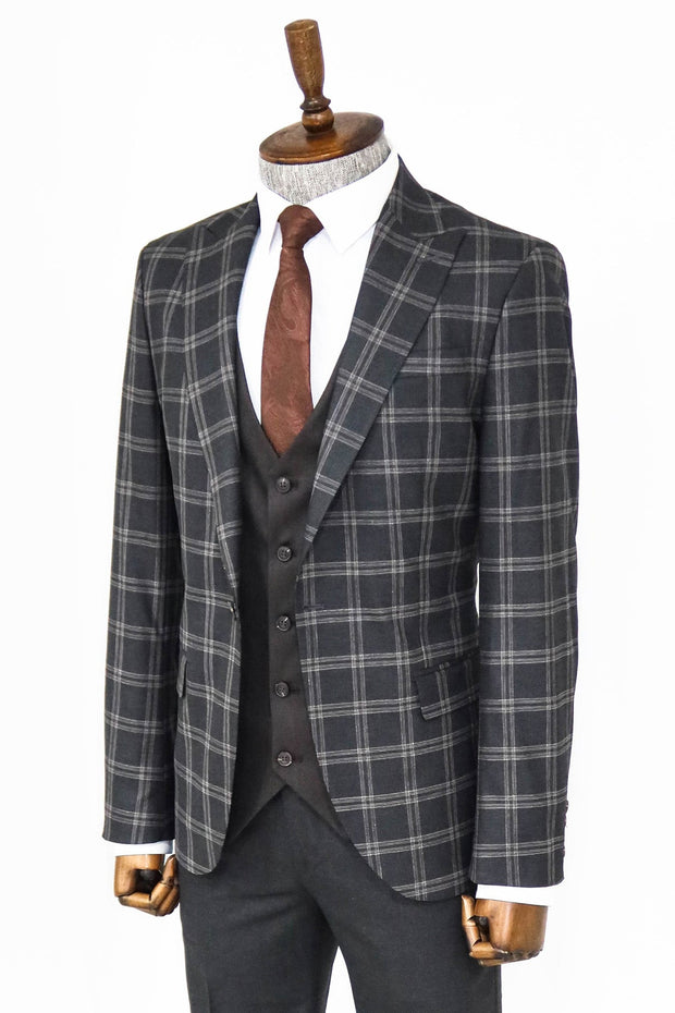 Checked Patterned Slim Fit Black Men Suit - Wessi