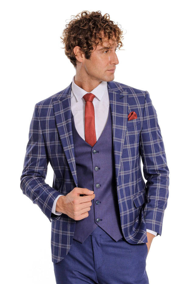 Slim Fit Vested Peak Lapel Checked Navy Blue Men Combination Suit