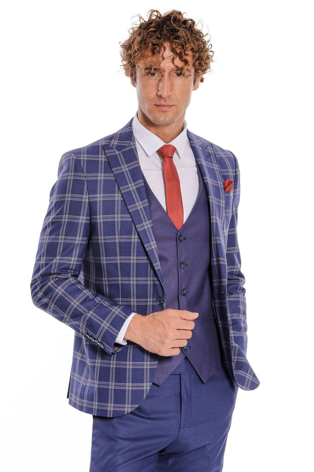 Slim Fit Vested Peak Lapel Checked Navy Blue Men Combination Suit