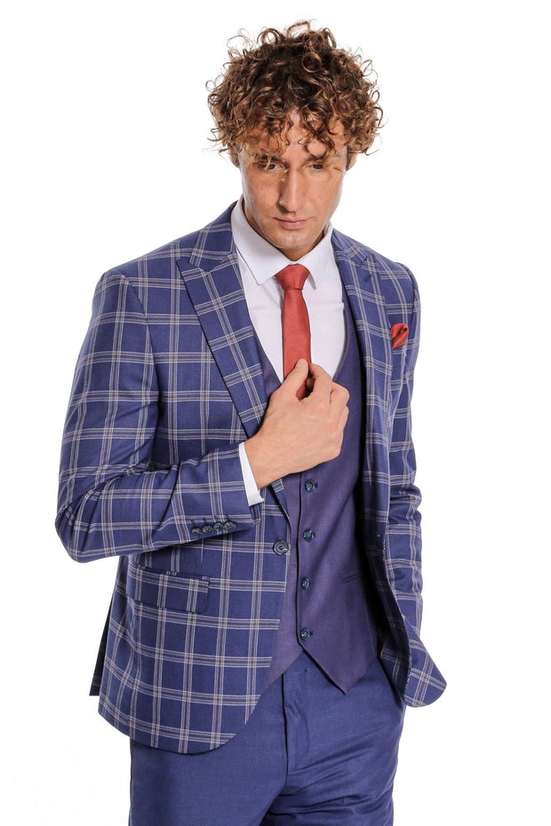 Slim Fit Vested Peak Lapel Checked Navy Blue Men Combination Suit