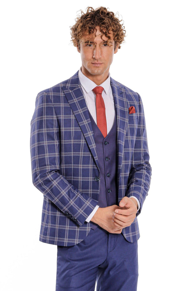 Slim Fit Vested Peak Lapel Checked Navy Blue Men Combination Suit