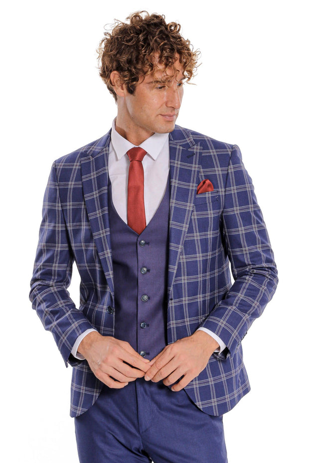 Slim Fit Vested Peak Lapel Checked Navy Blue Men Combination Suit