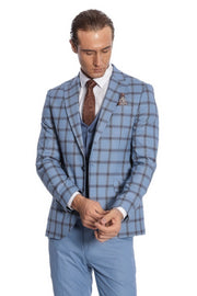 Checked Patterned Slim Fit Blue Men Suit - Wessi