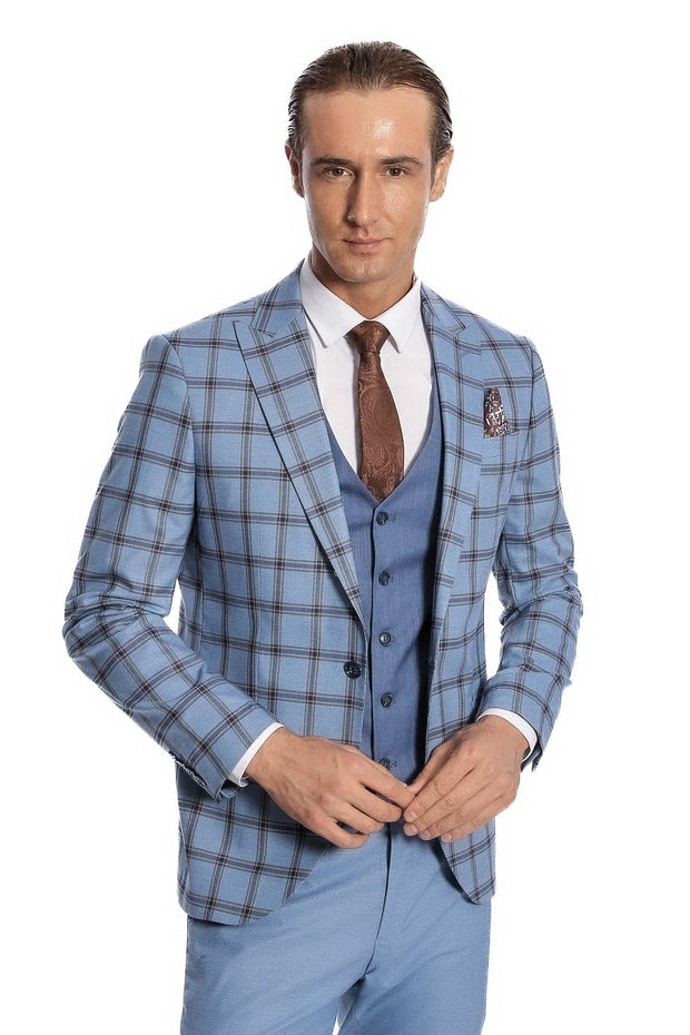 Checked Patterned Slim Fit Blue Men Suit - Wessi