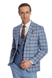 Checked Patterned Slim Fit Blue Men Suit - Wessi