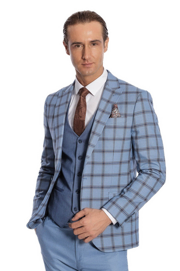 Checked Patterned Slim Fit Blue Men Suit - Wessi