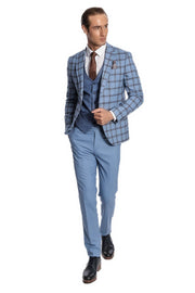 Checked Patterned Slim Fit Blue Men Suit - Wessi