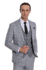 Checked Patterned Slim Fit Grey Men Suit - Wessi