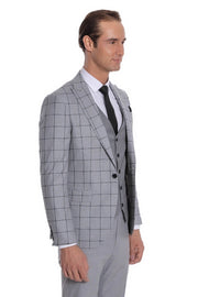 Checked Patterned Slim Fit Grey Men Suit - Wessi