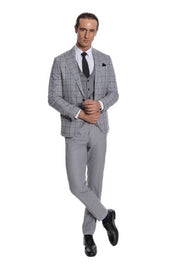 Checked Patterned Slim Fit Grey Men Suit - Wessi