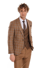 Checked Patterned Slim Fit Brown Men Suit - Wessi